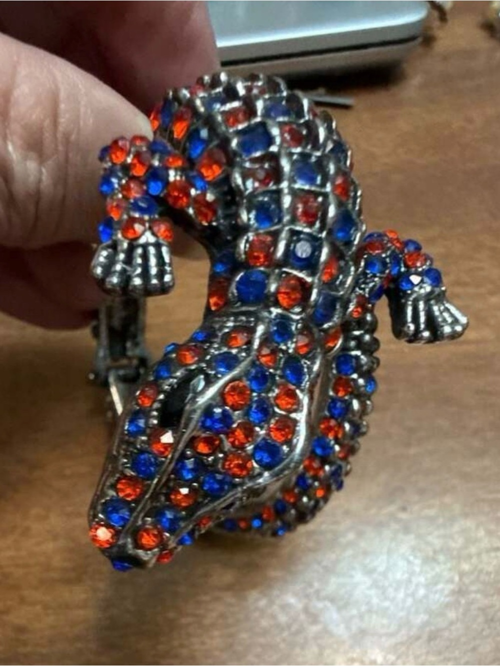 Silver-Tone orange and Blue Rhinestone Alligator Wrap Hinge Bracelet.